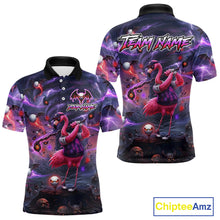 Load image into Gallery viewer, Personalized Mens Golf Polo Shirts Angry Flamingo Golfer Gothic Lightning Theme Team Name Shirt NHT804