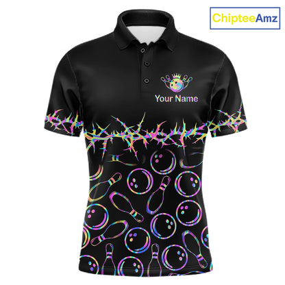 A black short-sleeve polo shirt with a colorful bowling-themed print, featuring bowling pins and bowling balls in a neon rainbow pattern across the lower half. The upper chest has a small crown graphic with the text 'Your Name' and a logo that reads 'ChipteeAmz'.