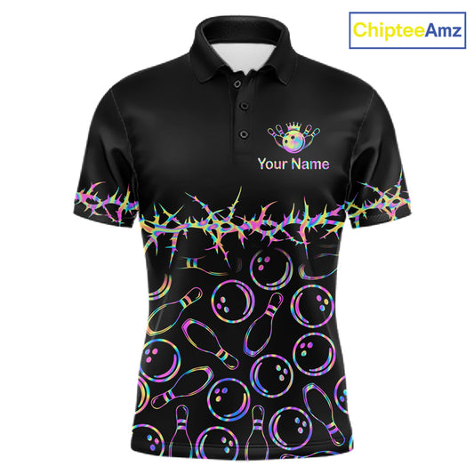 A black short-sleeve polo shirt with a colorful bowling-themed print, featuring bowling pins and bowling balls in a neon rainbow pattern across the lower half. The upper chest has a small crown graphic with the text 'Your Name' and a logo that reads 'ChipteeAmz'.
