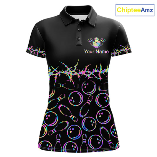 A women's black short-sleeve polo shirt with a neon rainbow pattern of bowling pins and bowling balls, featuring a custom name and logo placeholder on the chest. The ChipteeAmz logo is visible in the top right corner.