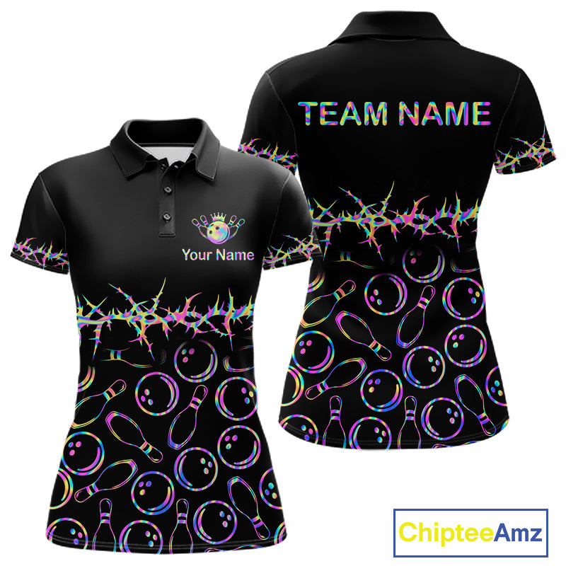 Black short-sleeve polo shirt shown from front and back on a white background, with bowling pins and bowling balls pattern in neon rainbow colors, a barbed wire design across the waist, and customizable text areas reading TEAM NAME and Your Name. A ChipteeAmz logo appears in the bottom right corner.