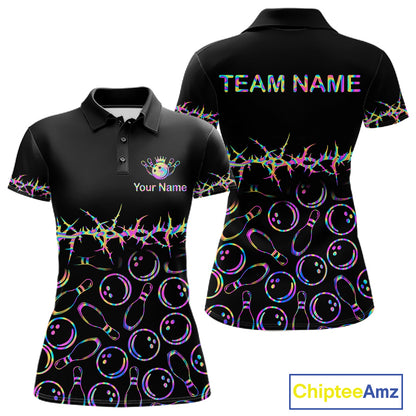 Black short-sleeve polo shirt shown from front and back on a white background, with bowling pins and bowling balls pattern in neon rainbow colors, a barbed wire design across the waist, and customizable text areas reading TEAM NAME and Your Name. A ChipteeAmz logo appears in the bottom right corner.