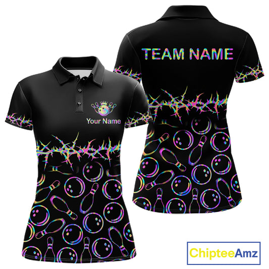 Black short-sleeve polo shirt shown from front and back on a white background, with bowling pins and bowling balls pattern in neon rainbow colors, a barbed wire design across the waist, and customizable text areas reading TEAM NAME and Your Name. A ChipteeAmz logo appears in the bottom right corner.