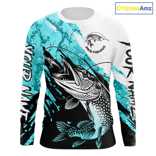 Personalized Turquoise Northern Pike Fishing Jersey, Team Pike Fishing Long Sleeve Shirt NHT817