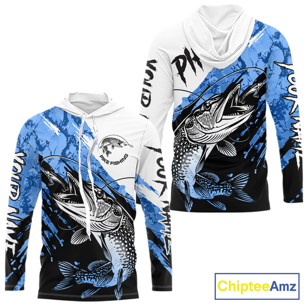 Personalized Blue Northern Pike Fishing Jersey, Team Pike Fishing Long Sleeve Hooded Tournament Shirt NHT818