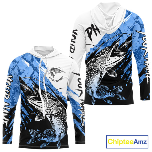 Personalized Blue Northern Pike Fishing Jersey, Team Pike Fishing Long Sleeve Hooded Tournament Shirt NHT818