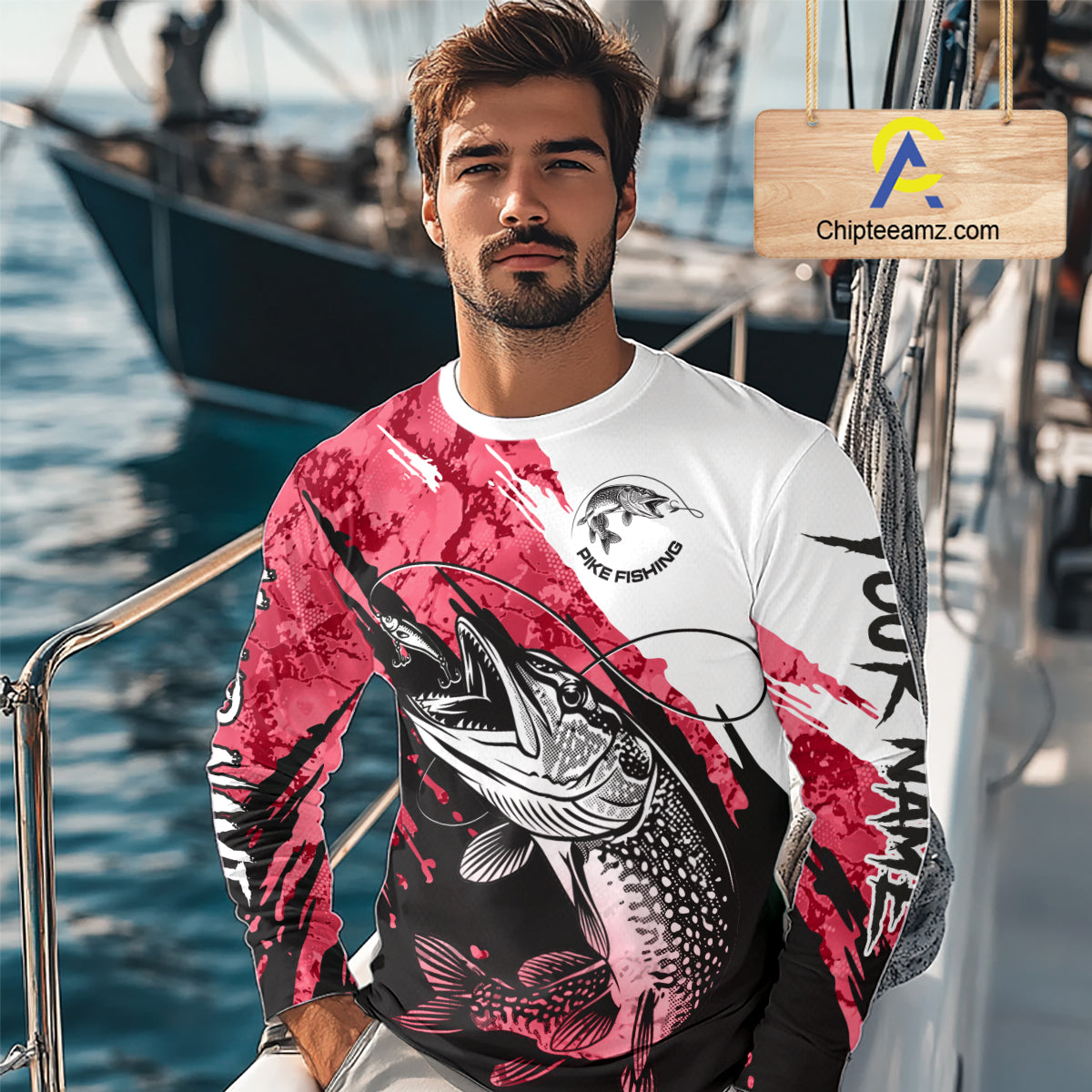 Personalized Red Northern Pike Fishing Jersey, Team Pike Fishing Long Sleeve Tournament Shirt NHT819