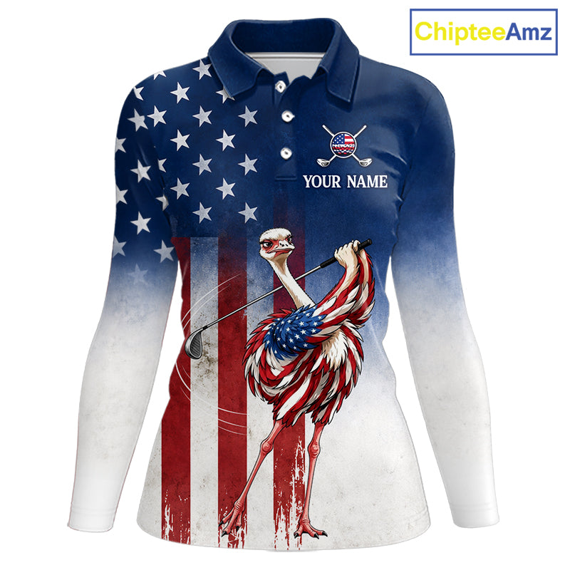 Custom American Flag Ostrich Long Sleeve Womens Golf Polo Shirt – Funny Patriotic Golf Team Shirt Personalized Gift 