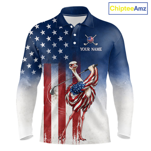 Custom American Flag Ostrich Long Sleeve Mens Golf Polo Shirt – Funny Patriotic Golf Team Shirt Personalized Gift 