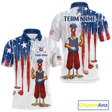 Load image into Gallery viewer, Front and back view funny rooster American Flag golf white mens golf polo shirt custom name
