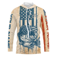 Load image into Gallery viewer, Custom Vintage Bass Funny Hooded Long Sleeve Fishing Shirt For Men, Bass Patriotic Fishing Shirt NHT601