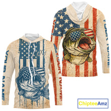 Load image into Gallery viewer, Custom Vintage Bass Funny Hooded Long Sleeve Fishing Shirt For Men, Bass Patriotic Fishing Shirt NHT601