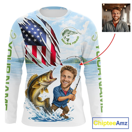 Personalized Walleye Fishing Shirts Long Sleeve Custom Face Walleye Fishing Patriot Shirt NHT605