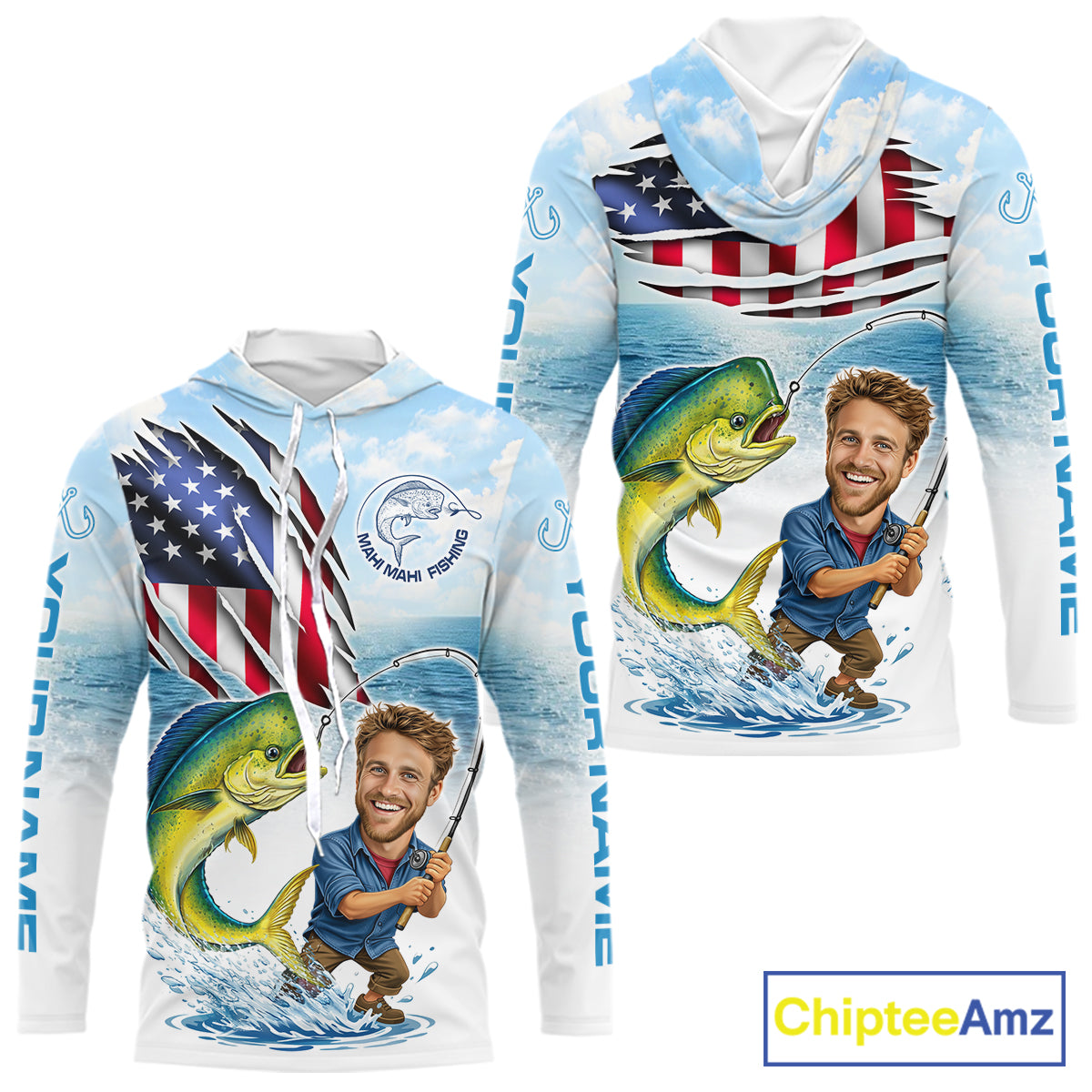 Personalized Mahi Mahi Fishing Shirts Long Sleeve Hooded Custom Face Mahi Mahi Fishing Patriot Shirt  NHT606