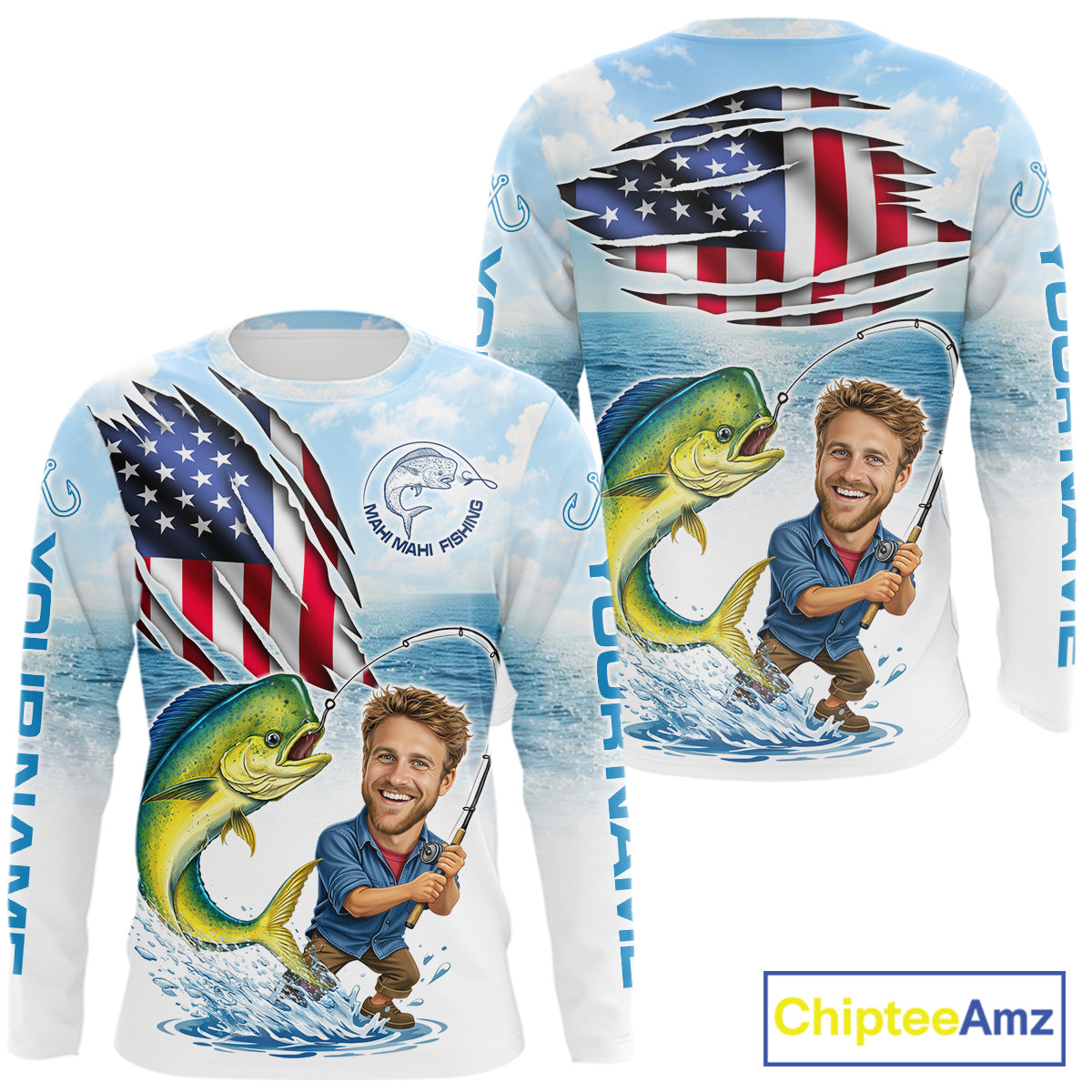 Personalized Mahi Mahi Fishing Shirts Long Sleeve Custom Face Mahi Mahi Fishing Patriot Shirt NHT606