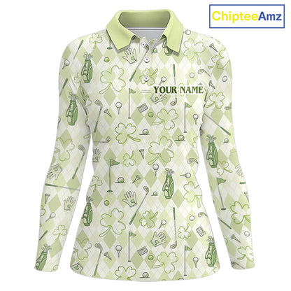 Custom Women’s Long Sleeve Golf Polo Shirt Lucky Shamrock Argyle Pattern Personalized Team Name