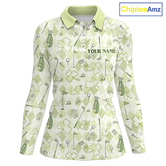 Custom Women’s Long Sleeve Golf Polo Shirt Lucky Shamrock Argyle Pattern Personalized Team Name