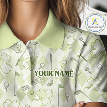 Load image into Gallery viewer, Custom Women’s Long Sleeve Golf Polo Shirt Lucky Shamrock Argyle Pattern Personalized Team Name