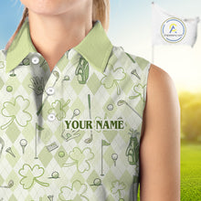 Load image into Gallery viewer, Custom Women's Sleeveless Golf Polo Shirt Lucky Shamrock Argyle Pattern Personalized Team Name