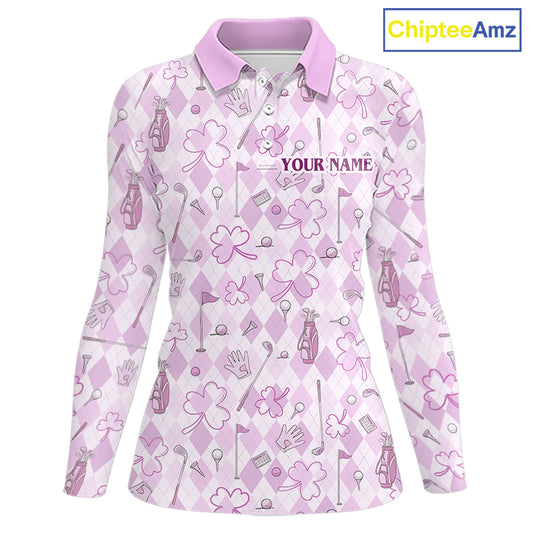 Custom Women’s Long Sleeve Golf Polo Shirt Lucky Shamrock Argyle Pattern Personalized Team Name