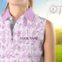 Load image into Gallery viewer, Custom Women's Sleeveless Golf Polo Shirt Lucky Shamrock Argyle Pattern Personalized Team Name