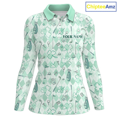 Custom Women’s Long Sleeve Golf Polo Shirt Lucky Shamrock Argyle Pattern Personalized Team Name