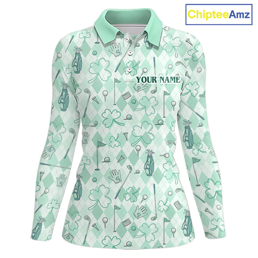 Custom Women’s Long Sleeve Golf Polo Shirt Lucky Shamrock Argyle Pattern Personalized Team Name