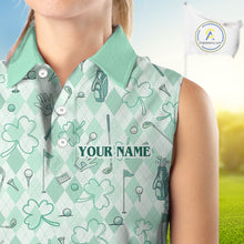 Load image into Gallery viewer, Custom Women's Sleeveless Golf Polo Shirt Lucky Shamrock Argyle Pattern Personalized Team Name