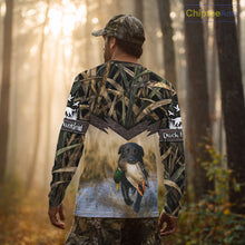 Load image into Gallery viewer, Mallard Duck Waterfowl Hunting Shirt Camo Personalized With Black Lab Dog, Hunting Shirts NHT167