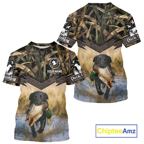 Mallard Duck Waterfowl Hunting Shirt Camo Personalized With Black Lab Dog, Hunting Shirts NHT167