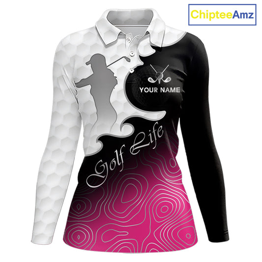 Custom Womens Golf Polo Shirt Pink Black Gradient, Personalized Name Golf Shirt, Gift For Golfer NHT825