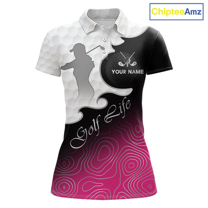 Custom Womens Golf Polo Shirt Pink Black Gradient, Personalized Name Golf Shirt, Gift For Golfer NHT825