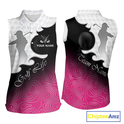 Custom Sleeveless Womens Golf Polo Shirt Pink Black Gradient, Personalized Name Golf Shirt, Gift For Golfer NHT825
