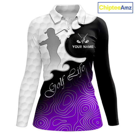 Custom Womens Golf Polo Shirt Purple Black Gradient, Personalized Name Golf Shirt, Gift For Golfer NHT828