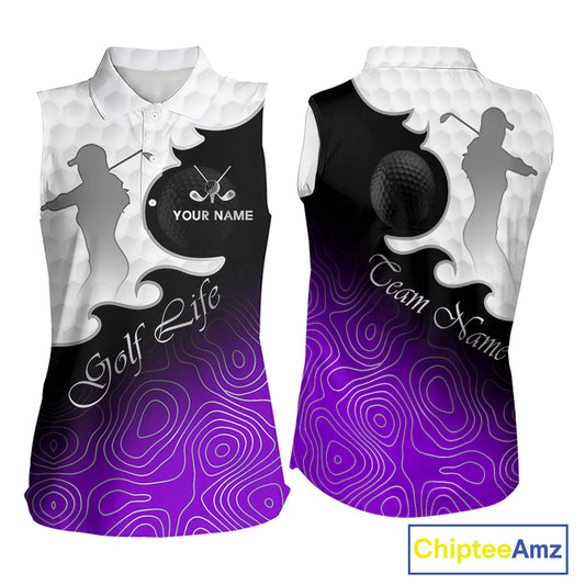 Custom Sleeveless Womens Golf Polo Shirt Purple Black Gradient, Personalized Name Golf Shirt, Gift For Golfer NHT828