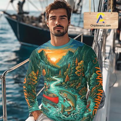 Long-sleeve shirt with nature-themed design featuring mountains, river, and fisherman, branded 'Chiptee Amz'.