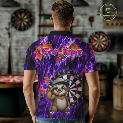 Person wearing a colorful polo shirt with a cartoon sloth holding a dart and a dartboard design.