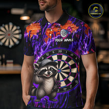 Load image into Gallery viewer, Person wearing a colorful polo shirt with a raccoon and dartboard design, in an indoor setting.