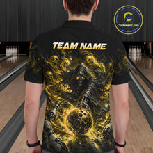 Load image into Gallery viewer, Person wearing a black and yellow 'Team Name' shirt with a graphic design in a bowling alley.