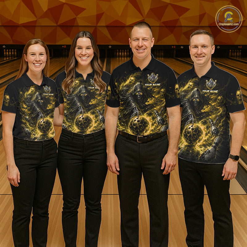 Custom Yellow Fire Grim Reaper Bowling Jersey For Men Bowling Team Shirts Polo & 1/4 Zip NHT1148