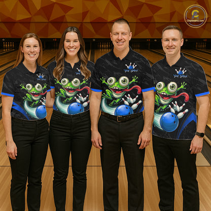 Funny Frog Bowling Polo Shirt 1/4 Zip Personalized Custom Name Blue Team Jersey For Men NHT1296