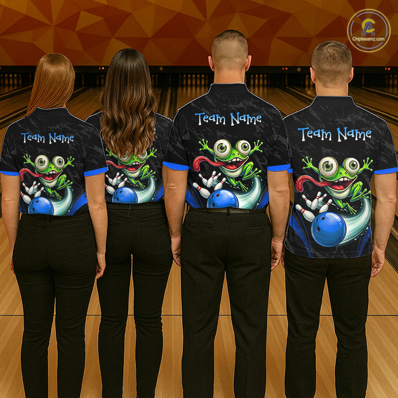 Funny Frog Bowling Polo Shirt 1/4 Zip Personalized Custom Name Blue Team Jersey For Women NHT1296