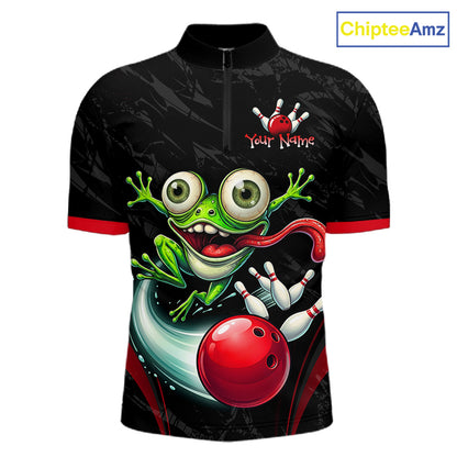 A black short-sleeve cycling jersey with a half-zip collar, featuring a large cartoon frog graphic playing bowling, a red bowling ball, and red sleeve cuffs. The brand name 'ChipteeAmz' is visible in the top right corner.
