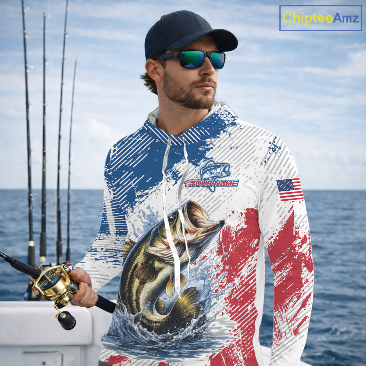 Custom Patriotic American Flag Bass Fishing Shirts Long Sleeve Hooded, Fishing Tournament Jerseys NHT435