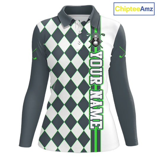 Long-sleeve shirt with argyle pattern and green text on a white background, branded 'ChipteeAmz'.