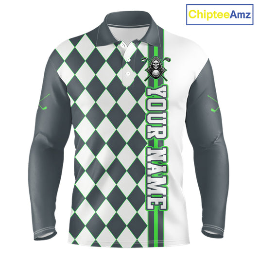 Long-sleeve shirt with argyle pattern and green text on a white background, branded 'ChipteeAmz'.