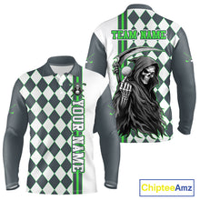 Load image into Gallery viewer, Long-sleeve shirt with a grim reaper design and checkered pattern, featuring 'Team Name' and 'Your Name' text on a white background.