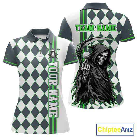 Polo shirt with graphic design of a skeleton holding a golf club on a checkered pattern background, featuring text for customization.