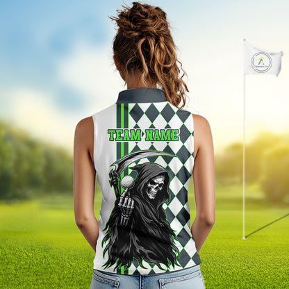 Person wearing a sleeveless shirt with a grim reaper design and 'Team Name' text on a golf course.