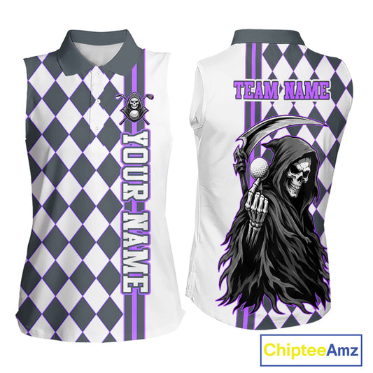 Personalized Skeleton Golf Polo Shirt For Womens Sleeveless - Funny Grim Reaper Golf Team Polo|Purple 